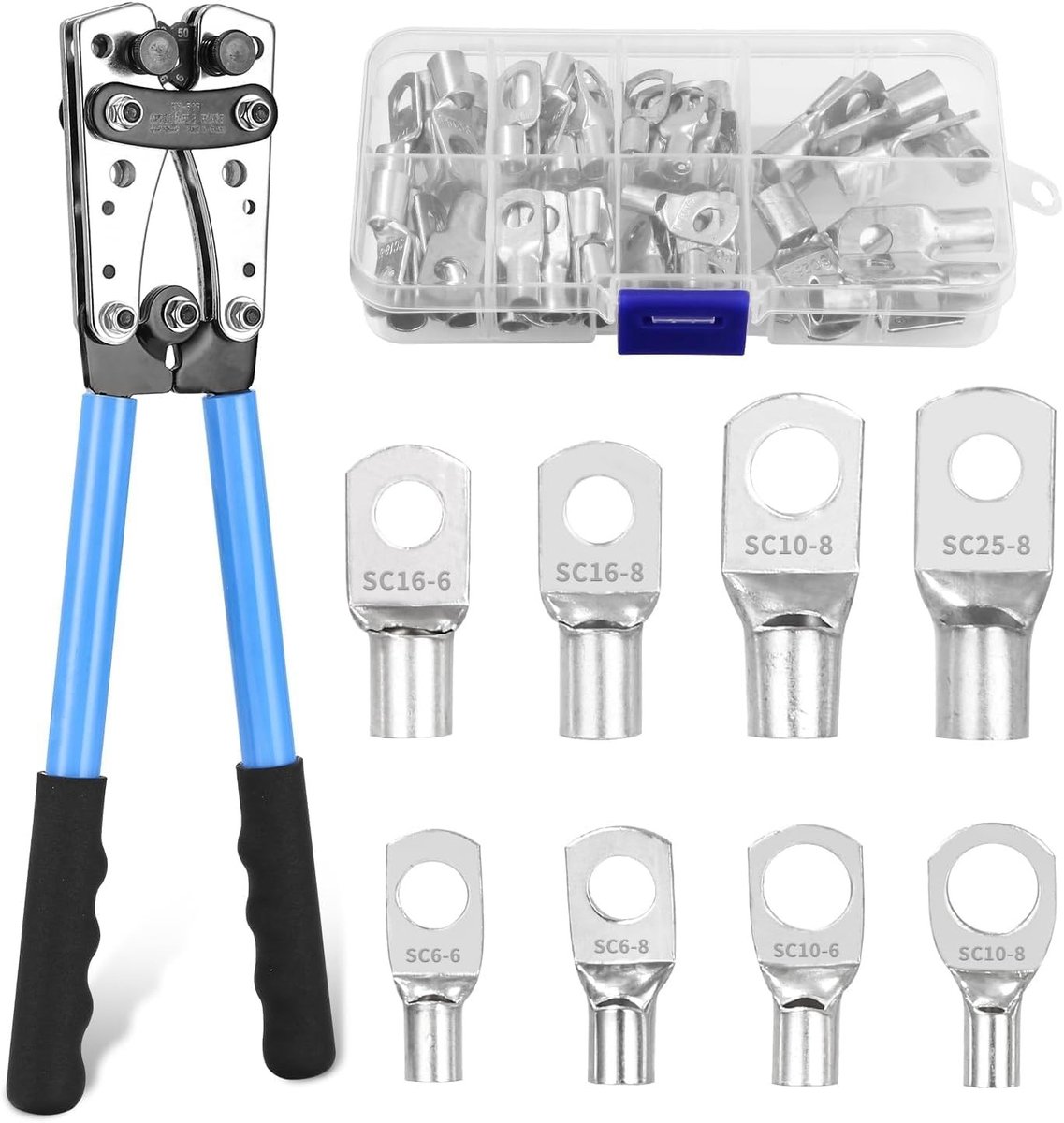 Professionele Crimping Tangen Set voor Kabels met 60 Stukken: Geschikt voor 6-50 mm² Kabels en 10-1/0 AWG Accu Lugs met Diverse Maten en Koper Ring Terminals