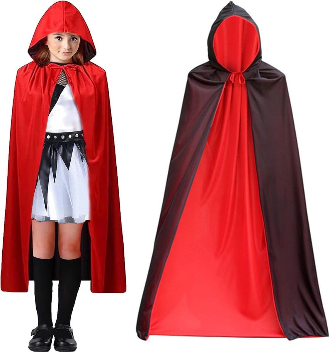Zwart Rood Halloween Kostuum met Kap voor Vampiers - Middeleeuwse Robe met 20 Waterdichte Stickers voor Carnaval en Cosplay