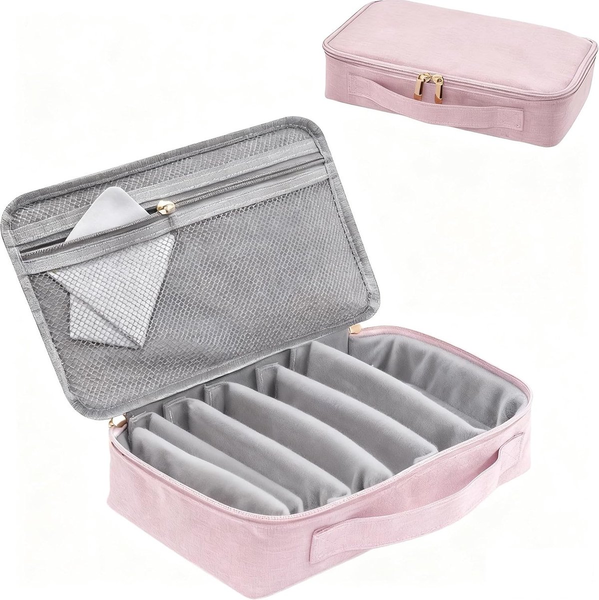 Reisbril Etui met 7 Vakken, Draagbare Zonnebril Organizer voor Meerdere Paren, Ideaal voor Mannen en Vrouwen, Roze
