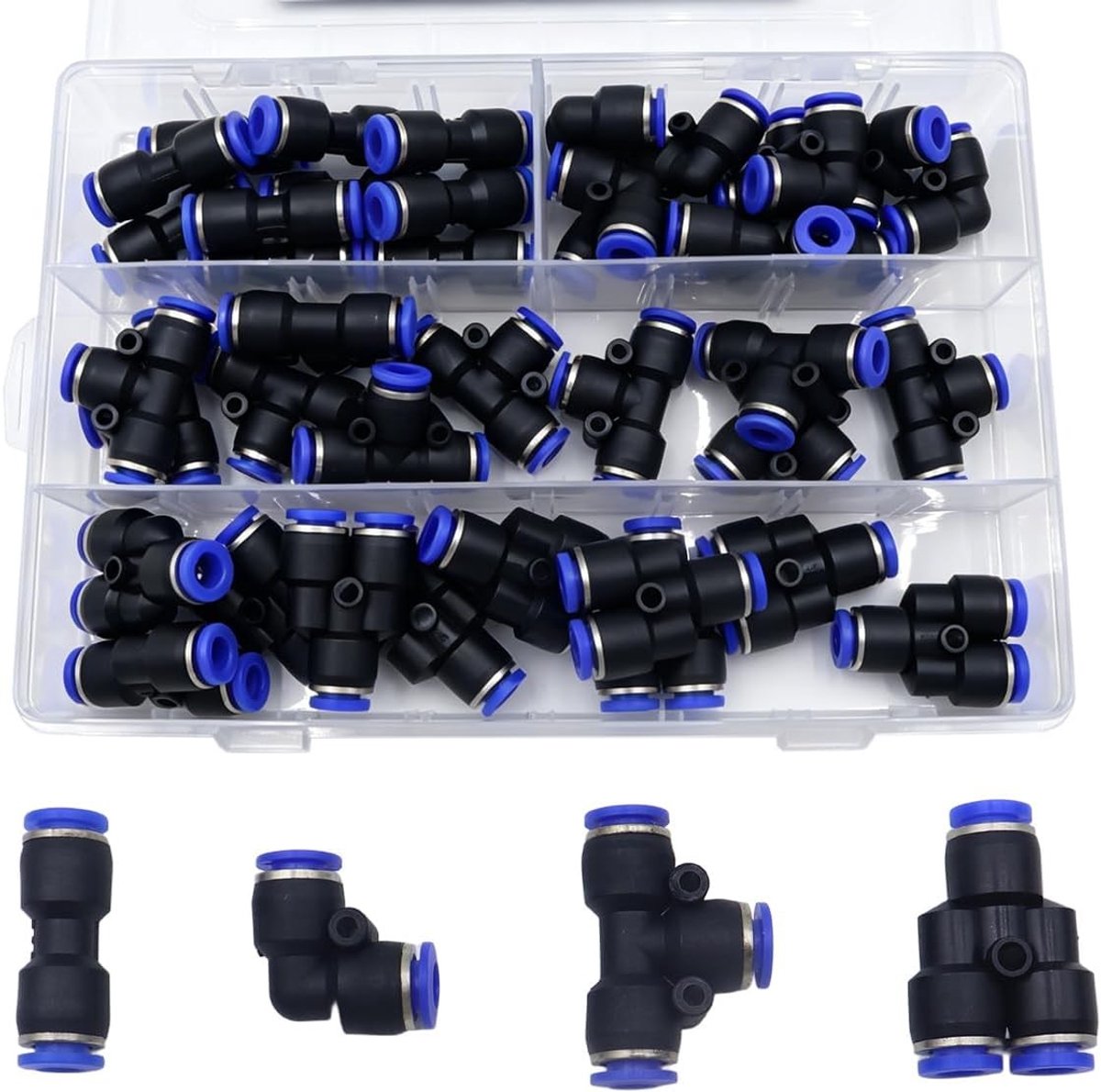 Pneumatische Fittings Kit met 40 Stuks: 10 Spliters, 10 Ellebogen, 10 Tee en 10 Rechte Verbindingen, Zwart, 6 mm OD