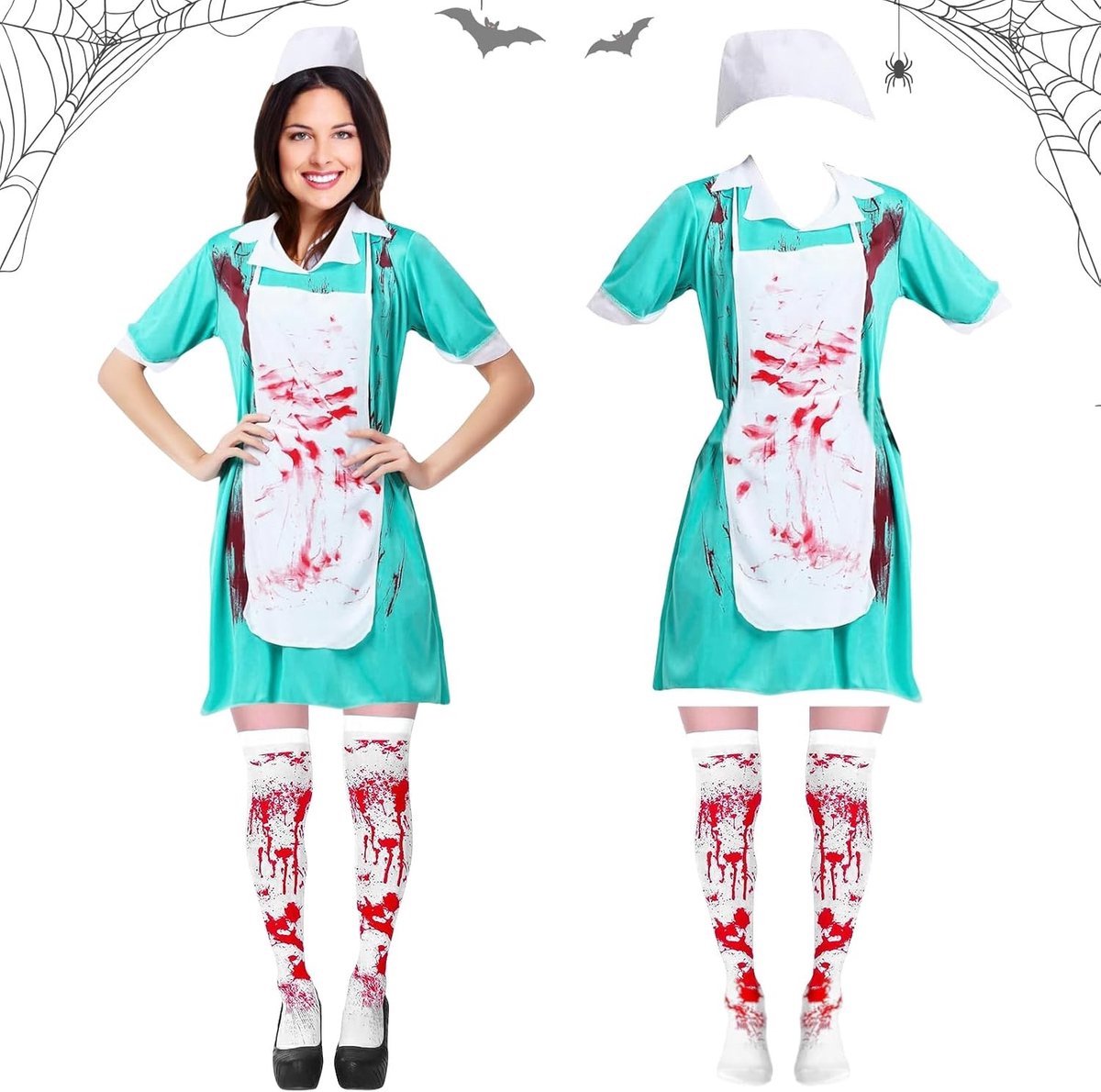 Creepy Bloody Horror Verpleegster Kostuum voor Dames - Halloween Outfit met Schort, Kousen en Kap voor Carnavals- en Cosplayfeesten