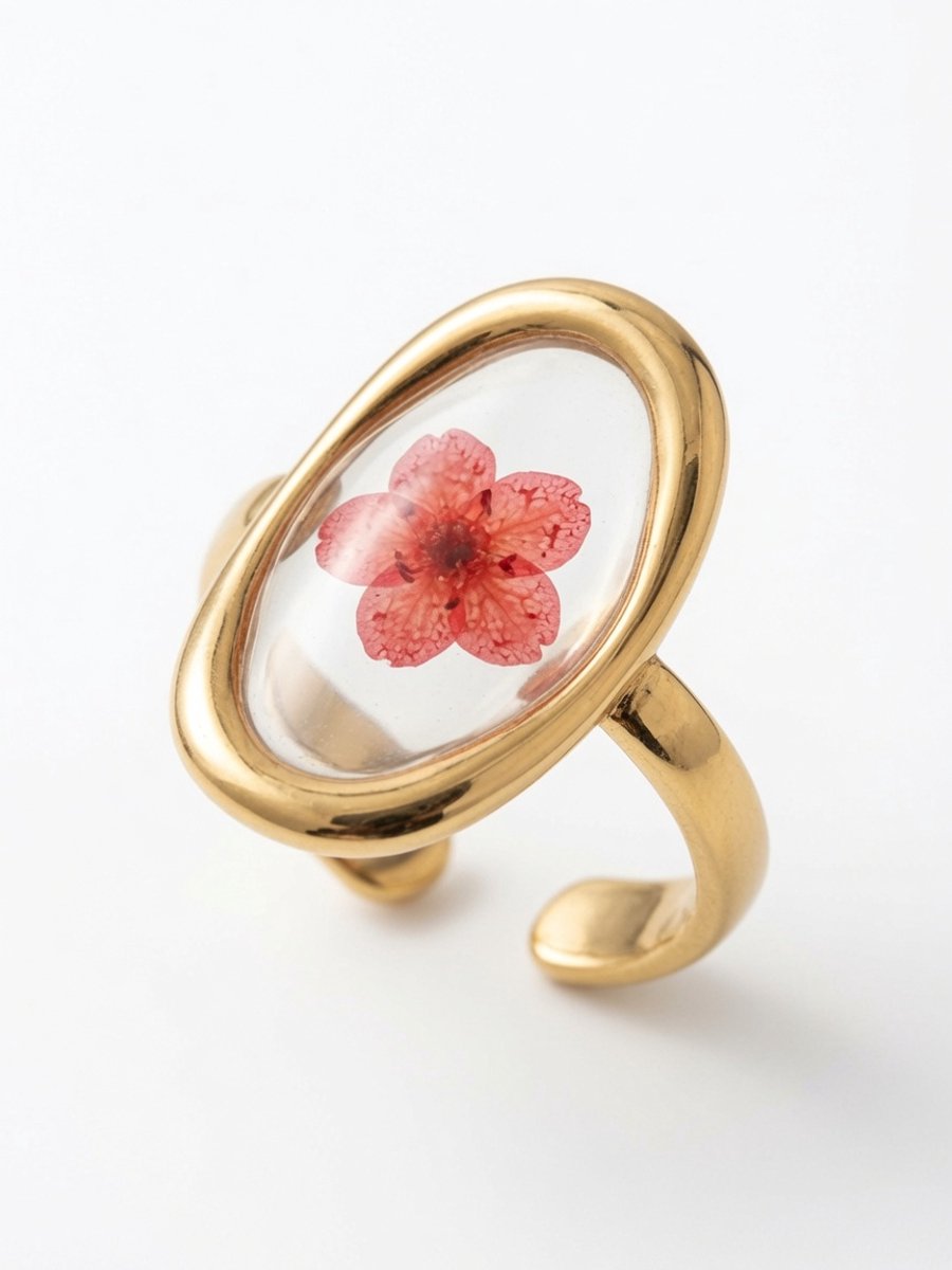 MoMo & More - Epoxy Forever Leaf Ring - Goudkleurige Rode Bloem Ring - 316L RVS