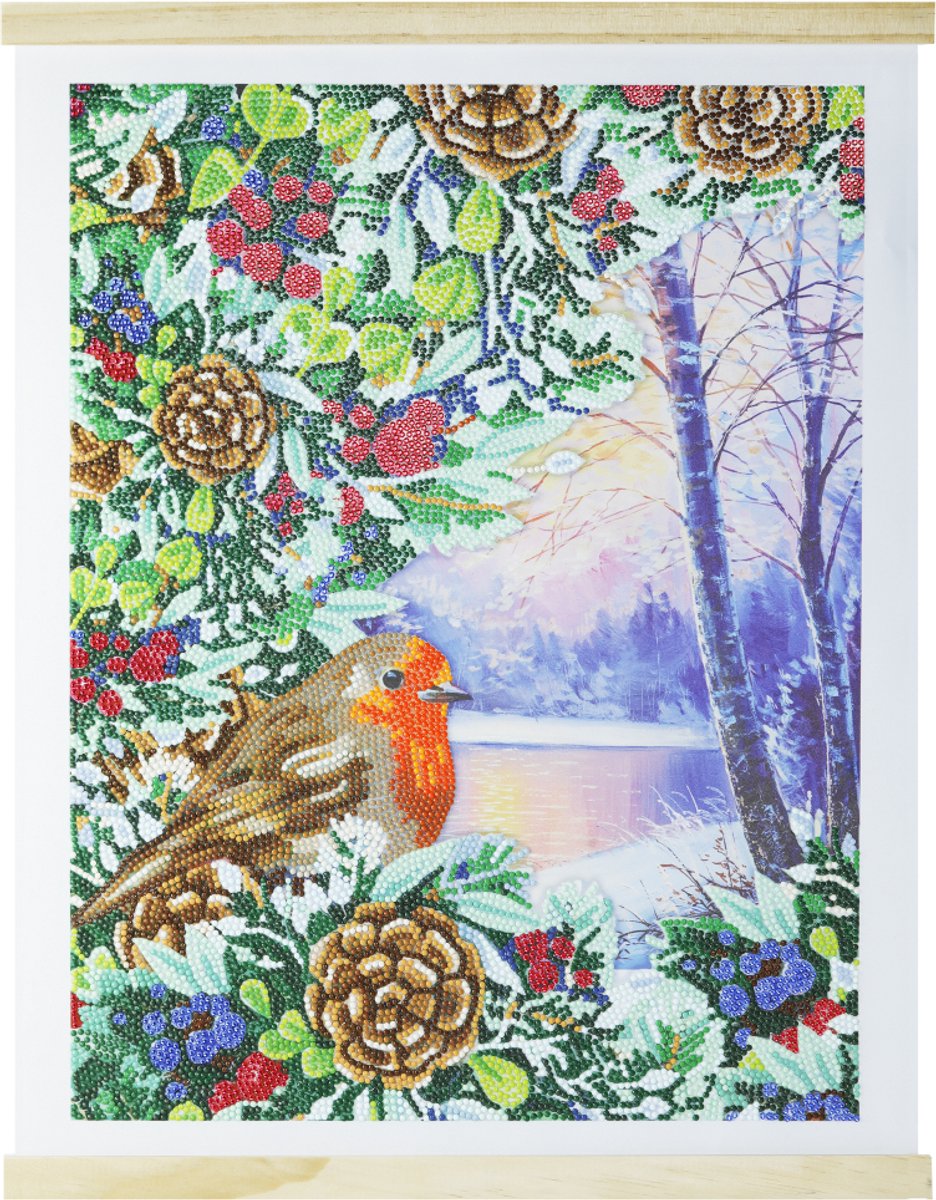 Crystal Art diamant paintingscrol Kit met roodborstje op tak in t bos (35x45cm) op
