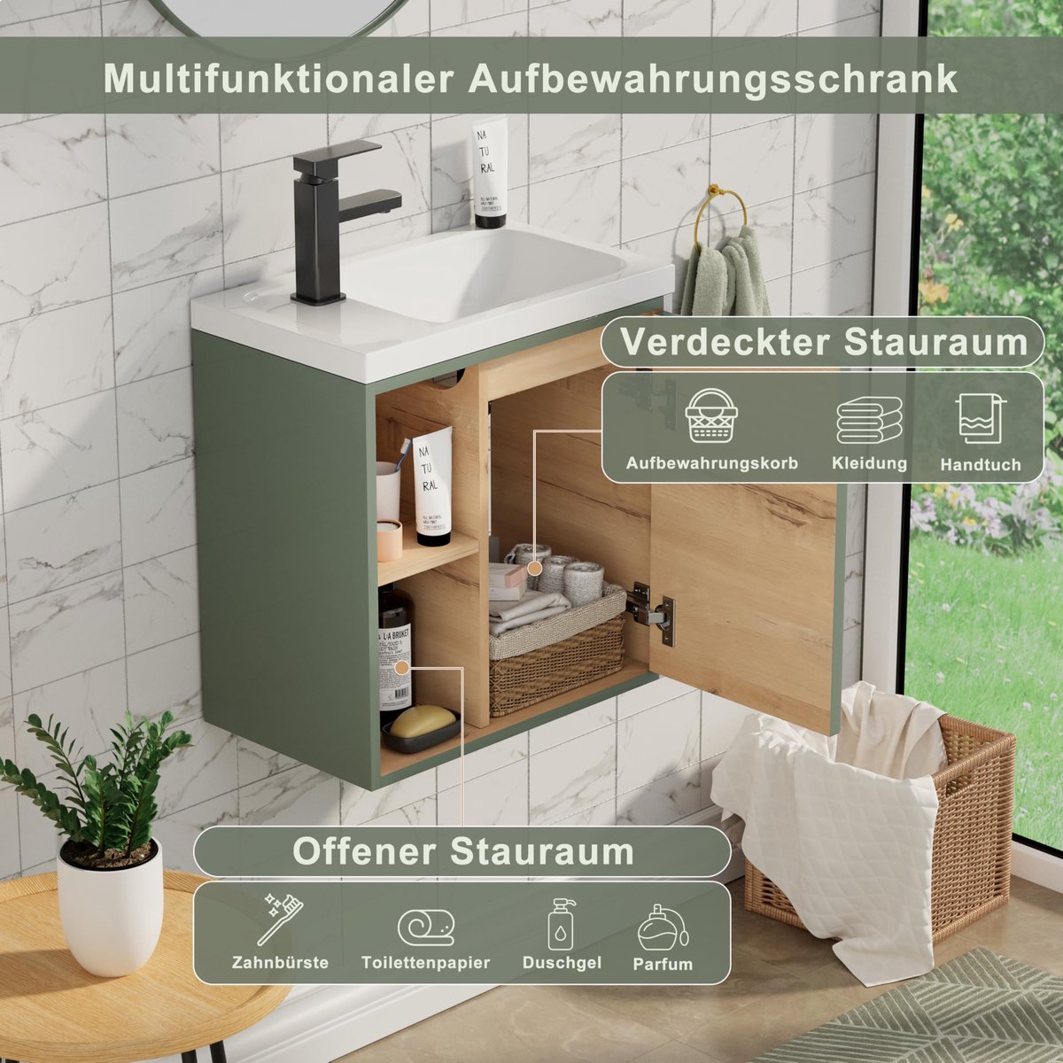 UEV Badkamerkast met harswastafel, Hangende Badkamerkast met Uniek Design en Praktische Functies, Verticaal Streepmotief, 50,5 x 30 x 50 cm, Groen