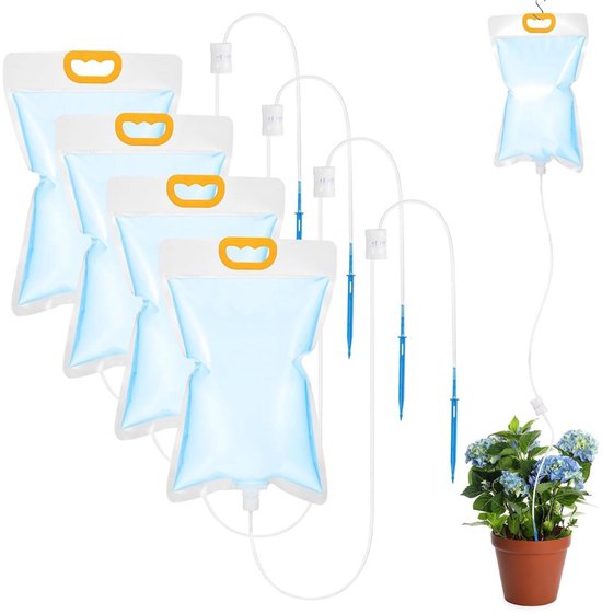 SSTRWGOOD 5 Stuks Druppelirrigatiesets - Automatische Bewateringssystemen - 3,5L Infuuszakken met Instelbare Doorstroomklep - Geschikt voor Topplanten en Bloempotten Binnen - Kunststof - Incl. 5 Zakken