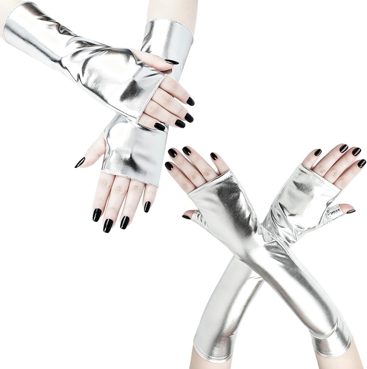 Vingerloze kunstlederen handschoenen in zilver voor Halloween, punk cosplay en feestoutfits voor vrouwen