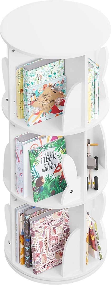 Klarven® Kinderboekenrek Wit - Draaibaar Kinderboekenrek - Kinderboekenrek Wand - 360 Graden Rotatie - Ruimtebesparend, Stabiele Brede Voet - Bookshelf - Ø40xh97cm