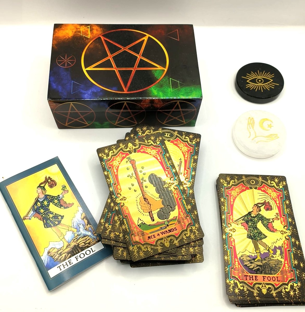 Tarotset Wicca - Tarotdeck in Houten Doos - Pentagram Doos met Goudfolie Tarotkaarten - Tarot Kado