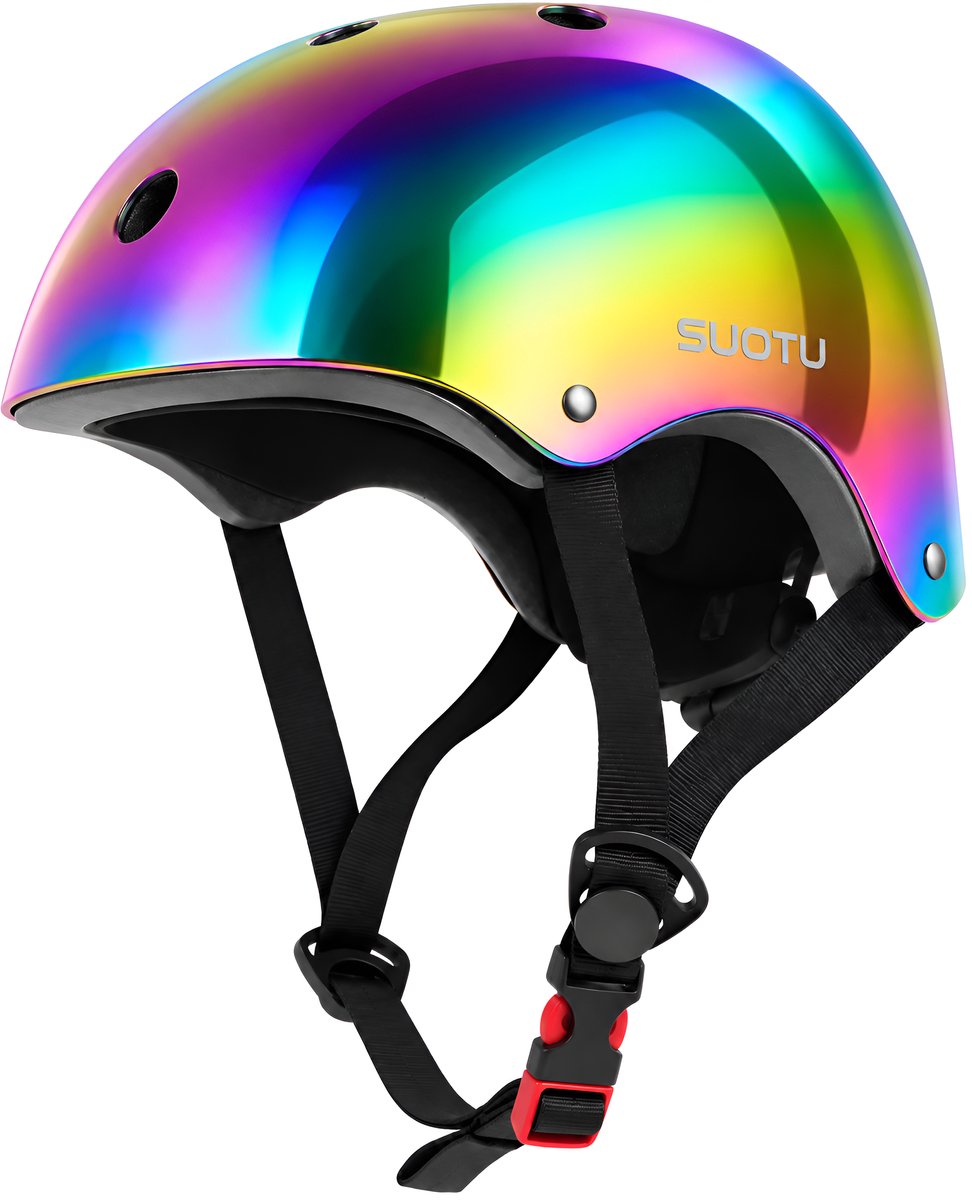 Suotu Kinderhelm - Verstelbare Fietshelm & Skatehelm - Voor Fietsen, Steppen, Skateboarden & BMX - Maat M - Spiegelregenboog