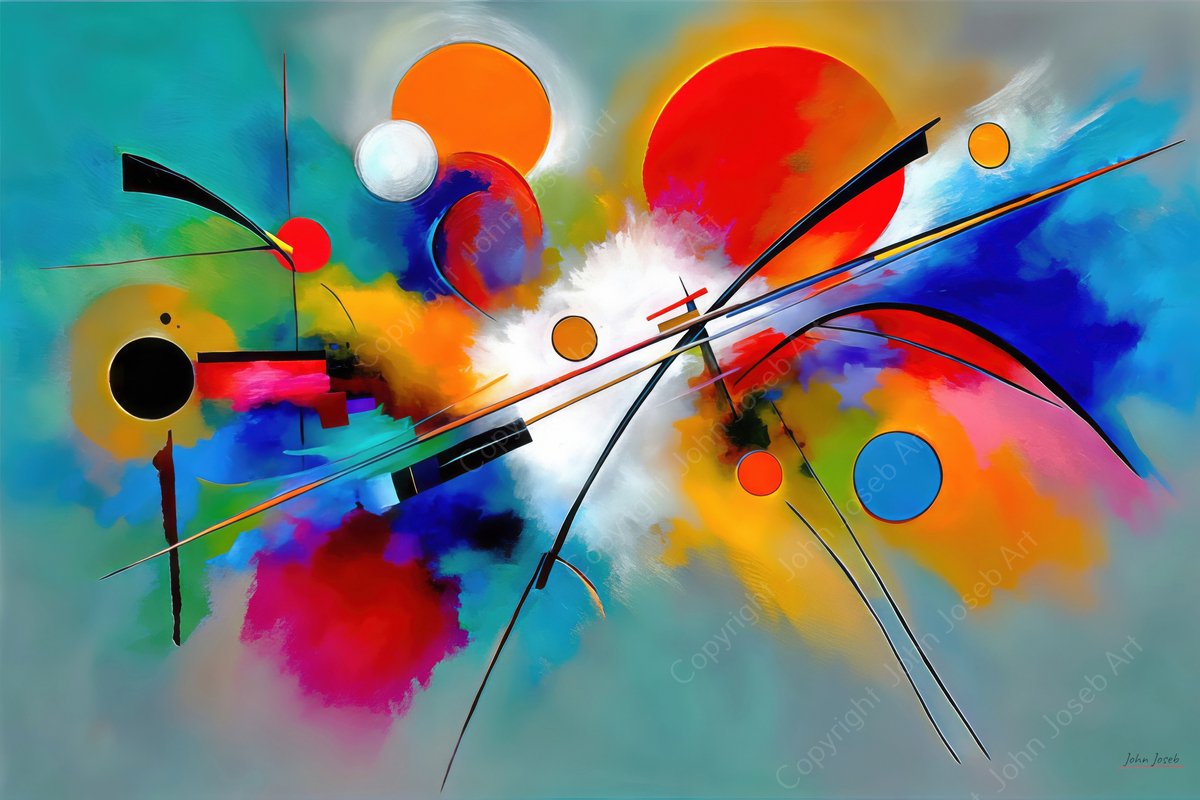 John Joseb Art (Glas) 120x80 | Kandinsky stijl, abstract geometrisch, cirkels, strepen, kleurrijk, kunst | rood, geel, blauw, oranje, wit, modern | Foto-schilderij-glasschilderij-acrylglas-acrylaat-wanddecoratie