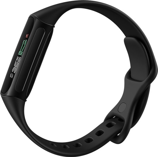 Zwarte Fitbit Charge 6 activity tracker met een helder scherm.