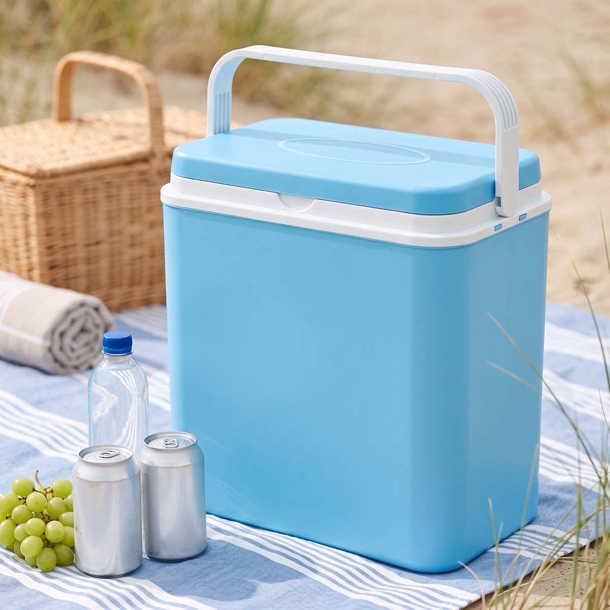 Cheqo® Koelbox Blauw/Wit - Passieve Koelbox Zonder Stroom - Lichtgewicht Draagbare Koelbox met Handvat - Isolatiebox met Deksel - Koeltas voor Picknick - Camping en Strand - Thermobox voor Festival en Boot - Koelkist voor Auto en Kamperen