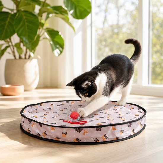 Een zwart-witte kat speelt met een rood balletje op een ronde speelmat met een patroon van katten.