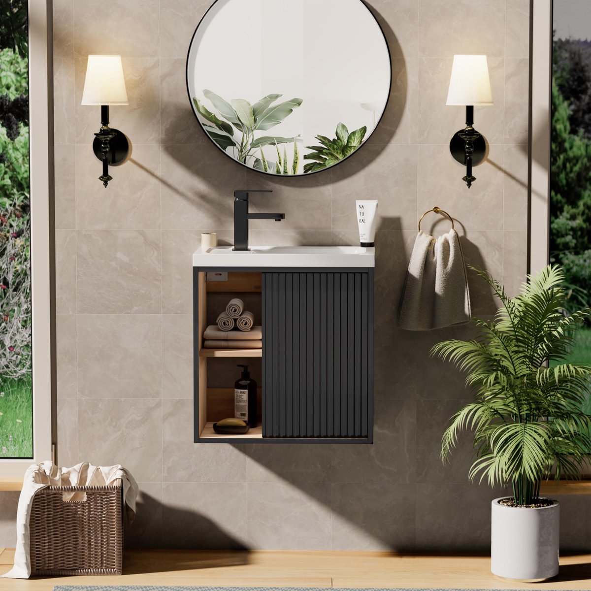 UEV wandgemonteerd badmeubel met kast, 50,5 cm, klein gastentoilet badmeubel, wastafel met kraan, badmeubelkast, ruime opbergruimte, badkamermeubelset voor badkamers, zwart