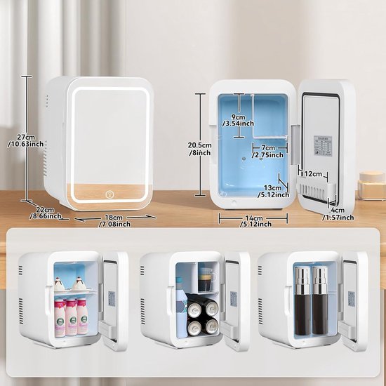 Cosmetische Koelkast - Skincare Fridge - Mini Koelkast 4L - Make-up Koelkast - LED Spiegel - 3 Dimstanden - Koelen & Verwarmen - Auto Koelkast - 220V & 12V - Thuis & Auto - 27x22x18 cm - Voor Huidverzorging & Maskers & Drankjes - Wit — afbeelding 4