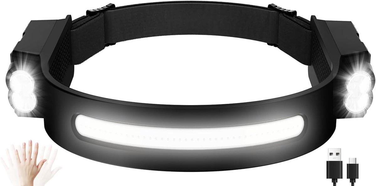 Dubbele lichtbron hoofdlamp - draaibare kop - bewegingssensor - voor kamperen, wandelen en vissen - silicium hoofdlamp - voor buitensporters - zwart - 1 stuk