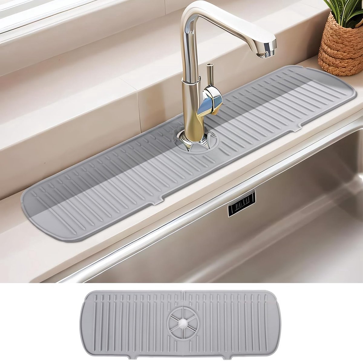 Siliconen afdruipmat - multifunctionele gootsteenmat - kraanafdruipmat - smalle opvouwbare rand - 45 x 14,5 cm - grijs