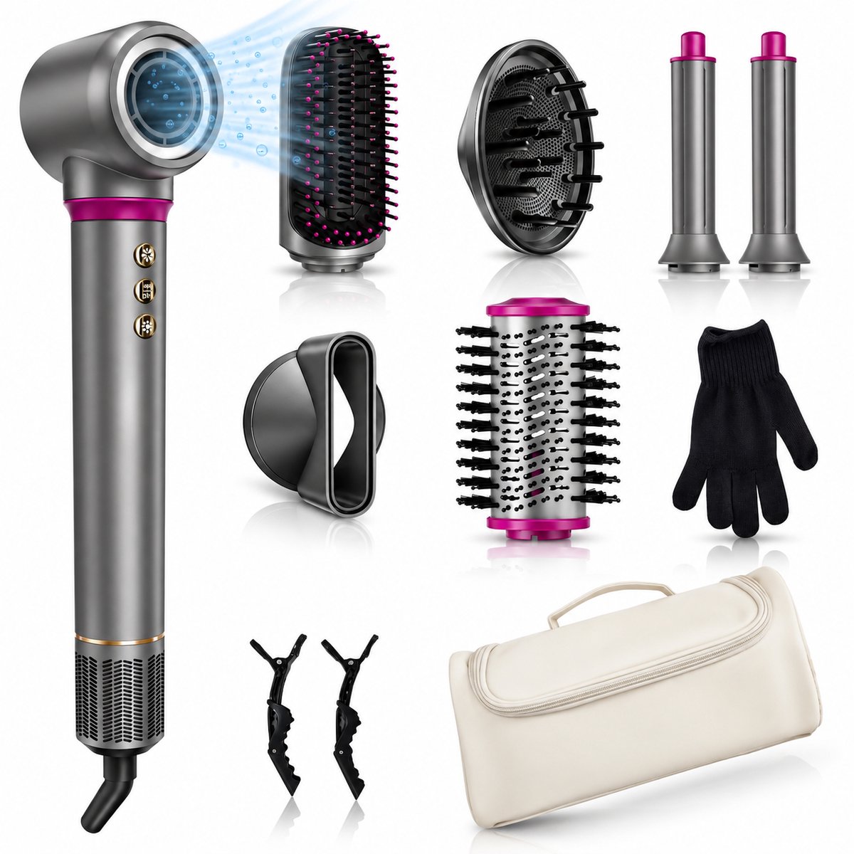 Föhnborstel 7-in-1 – 1200W Heteluchtborstel – Ionisch – Automatische Krultang – Met Diffuser en Reisetui