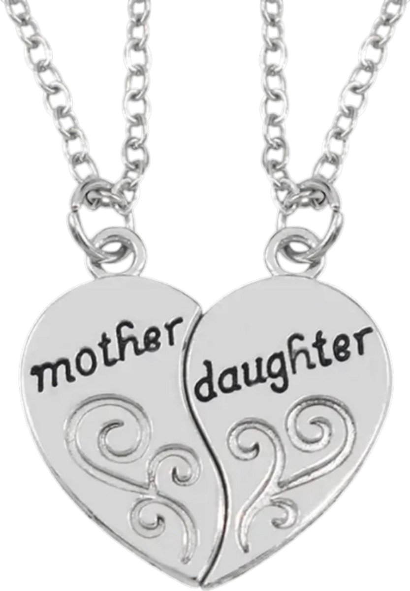 2 Stuks Moeder-Dochter Ketting Set – Antiek Verzilverde Kettingen met Liefdesdesign, Bijpassende Accessoires voor Moeder & Dochter, Ouder-Kind Cadeau, Verjaardag, Moederdag & Speciale Gelegenheden