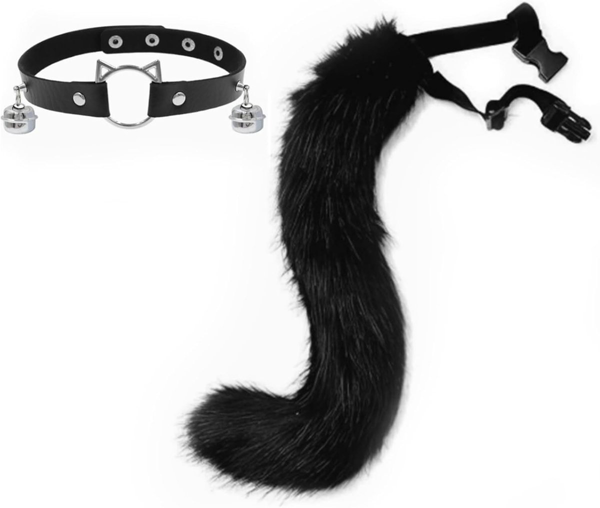 Super Huge Fluffy Fox Fur Tail en Kraag met Bel, Verstelbaar voor Dames en Heren, Perfect voor Cosplay en Feestjes, Zwart Dierlijk Kostuum Accessoire