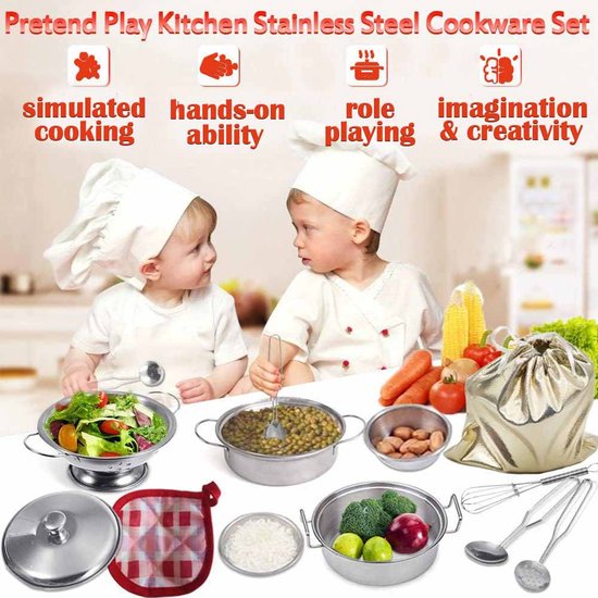 Kinder Keuken Kookgerei Set - Roestvrijstalen Speelgoed Keuken Pannen en Potten - Veilig Kook Speelset voor Kinderen - Imaginatief Rollenspel Speelgoed voor Jongens & Meisjes - 11 Stuks — afbeelding 3