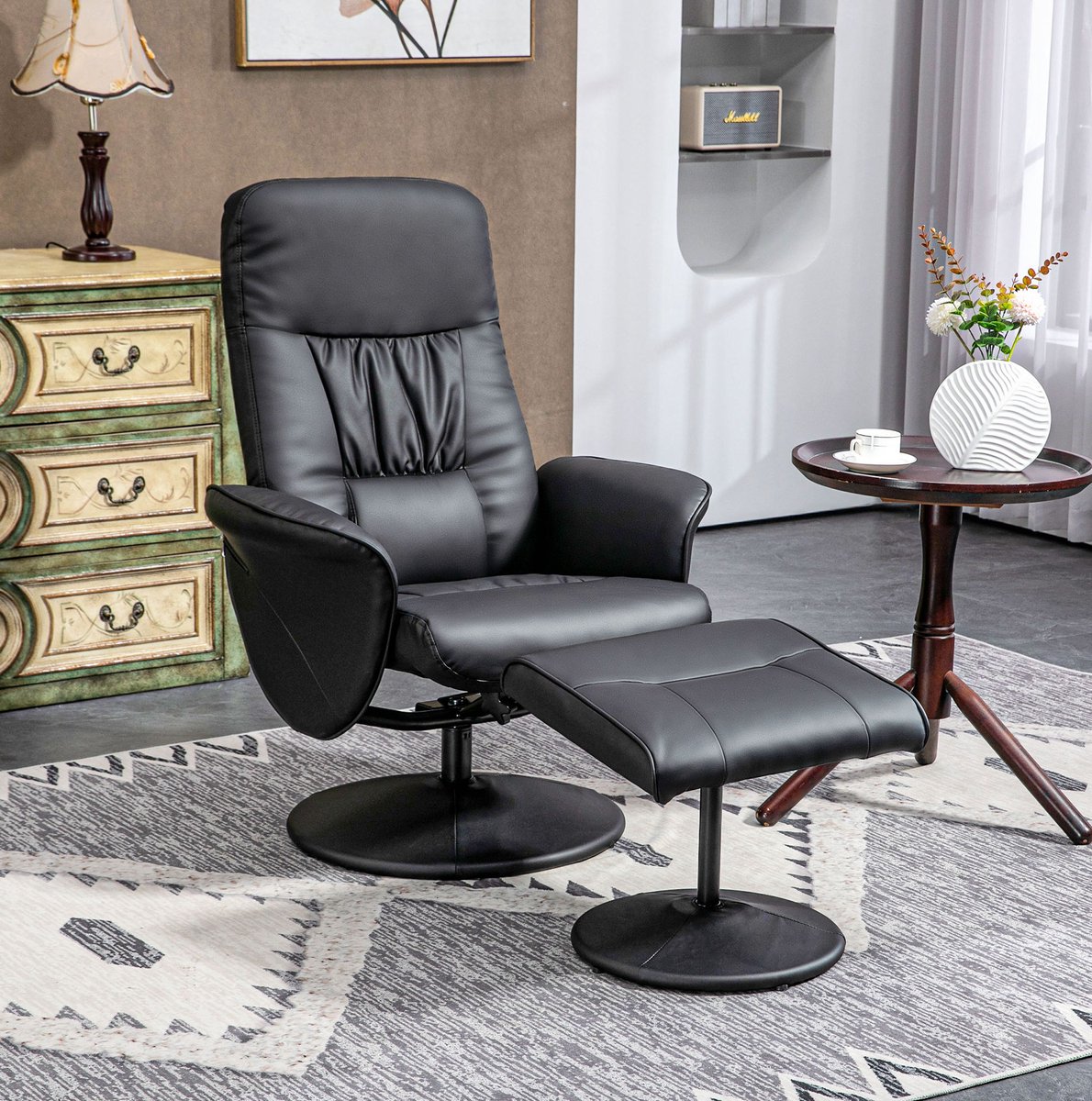 MODFU Relaxfauteuil Met Hocker - Verstelbare Rugleuning - Draaibaar - Kunstleer - Zwart