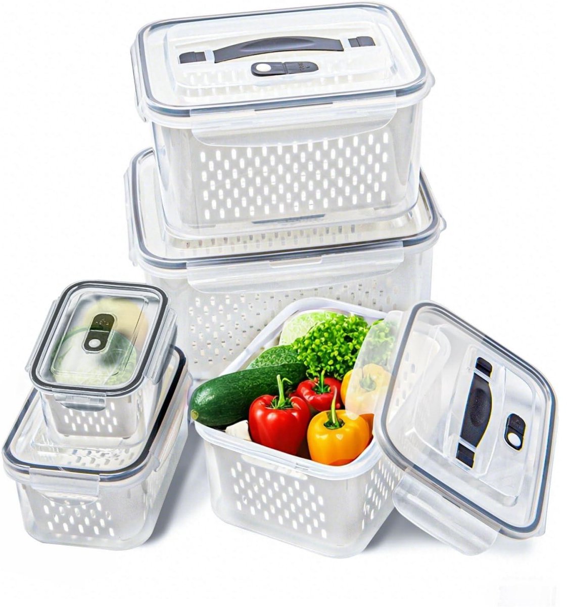 SSTRWGOOD Plastic koelkastbewaardozen - 5-delige set - met deksel en uitlekmandje - 5 maten - bewaardozen geschikt voor groenten en fruit - Stapelbare bewaardozen geschikt voor salades en bessen - Voedselbewaarcontainers met deksels