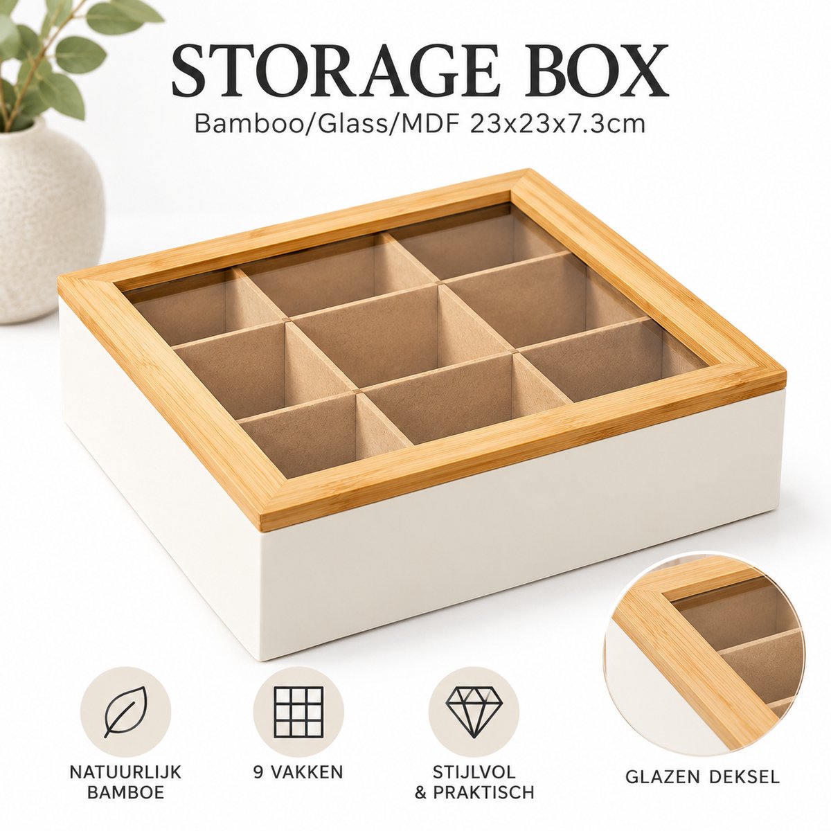 Bamboe Opbergbox 9 Vakken voor koffie of thee in naturel kleur - Theedoos - Koffiebox - Bamboe/Glas