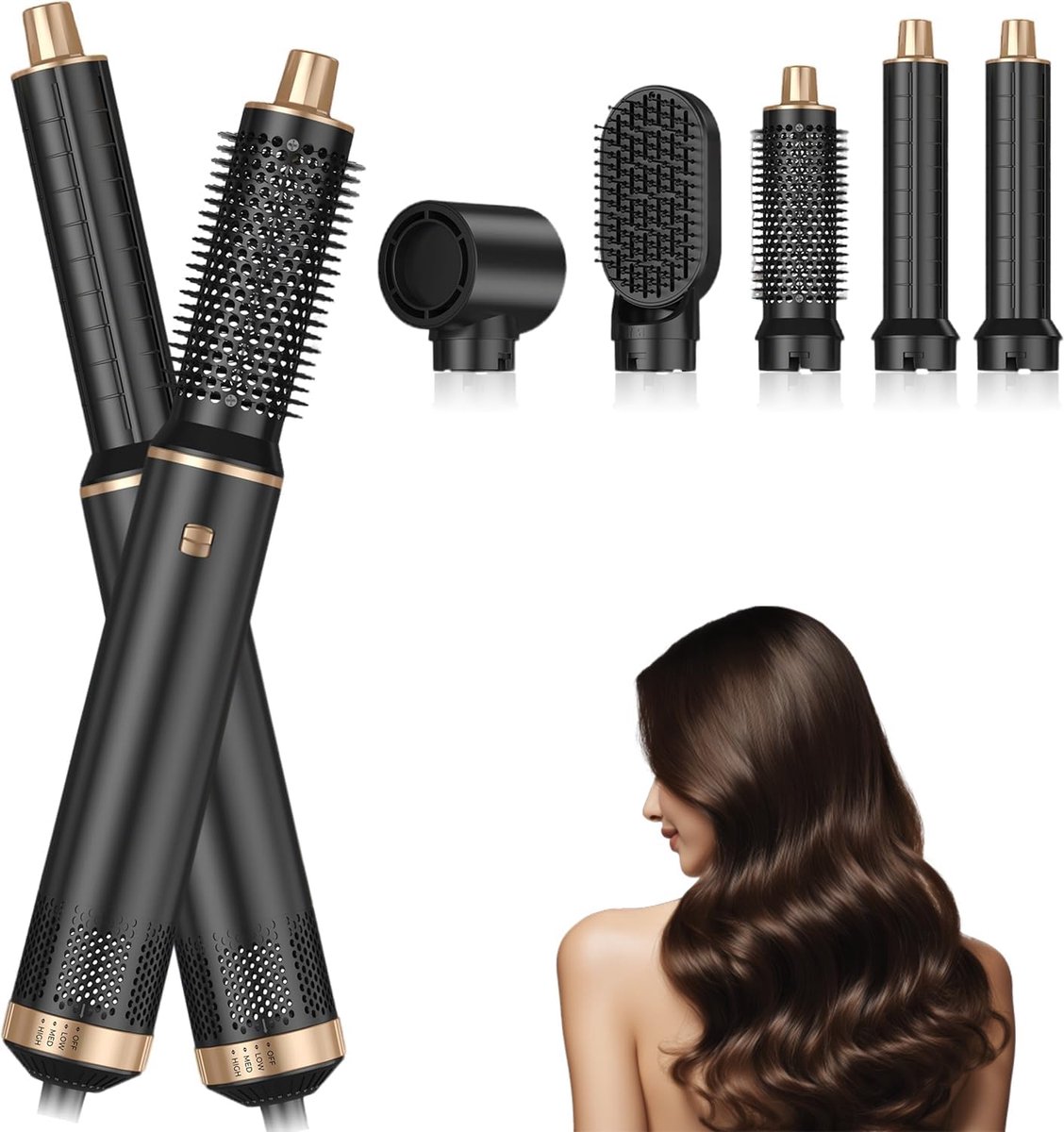 Multifunctionele föhn‑styler met 5 verwisselbare accessoires, lichtgewicht compacte reishaarborstel voor salonstyling thuis en onderweg