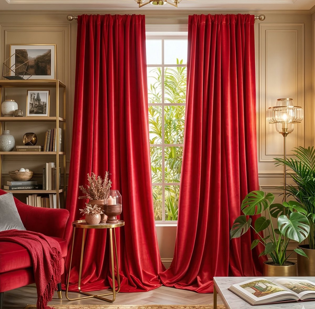 MUPOO Hotelkwaliteit Luxe Velours verduisterend Gordijnen Kant en Klaar 2 Stuks -Zware kwaliteit 260 GSM-Isolerend & tegen kou -Tochtwerend - 3-in-1 ophangsysteem-Woonkamer &Slaapkamer - Kerstrood - 132x274 cm Kerstrood-2 stuks