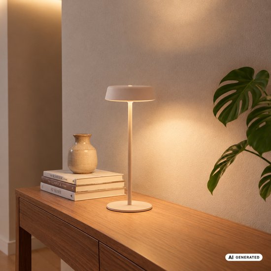 Draadloze, beige tafellamp met een ronde voet en kap, 36,5 cm hoog, in warme gloed.