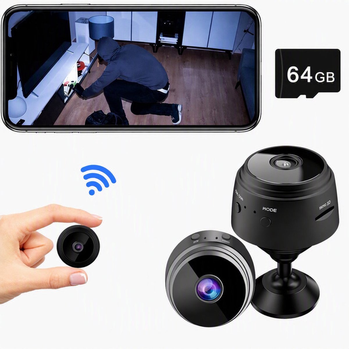 ECTEATOY® 1080P HD Mini Camera - Bewakingscamera Binnenhuis - Nachtzicht en Bewegingsdetectie - Voor Baby/Dier/Huisbeveiliging - WiFi - App Bediening - Met 64GB SD Kaart