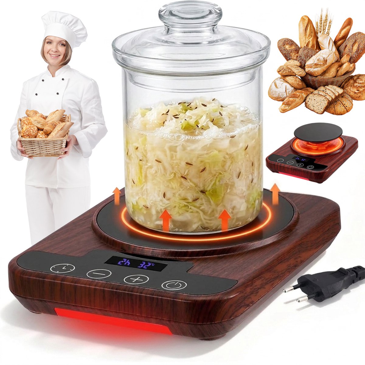 Zuurdesem Verwarmingsplaat - Deeg Rijsapparaat - Temperatuurregelaar 21-38°C - 12 Uur Timer - Touch Display - Geheugenfunctie - Voor Zuurdesem, Pizzadeeg en Fermentatie