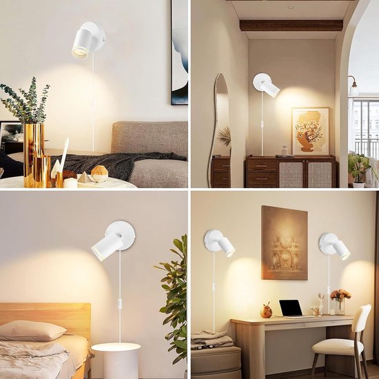 LED-wandlamp voor binnen met stekker en schakelaar, 350° draaibaar, dimbaar, leeslamp, moderne wandlamp van aluminium voor kantoor, woonkamer en slaapkamer (wit, 1 stuk) — afbeelding 3