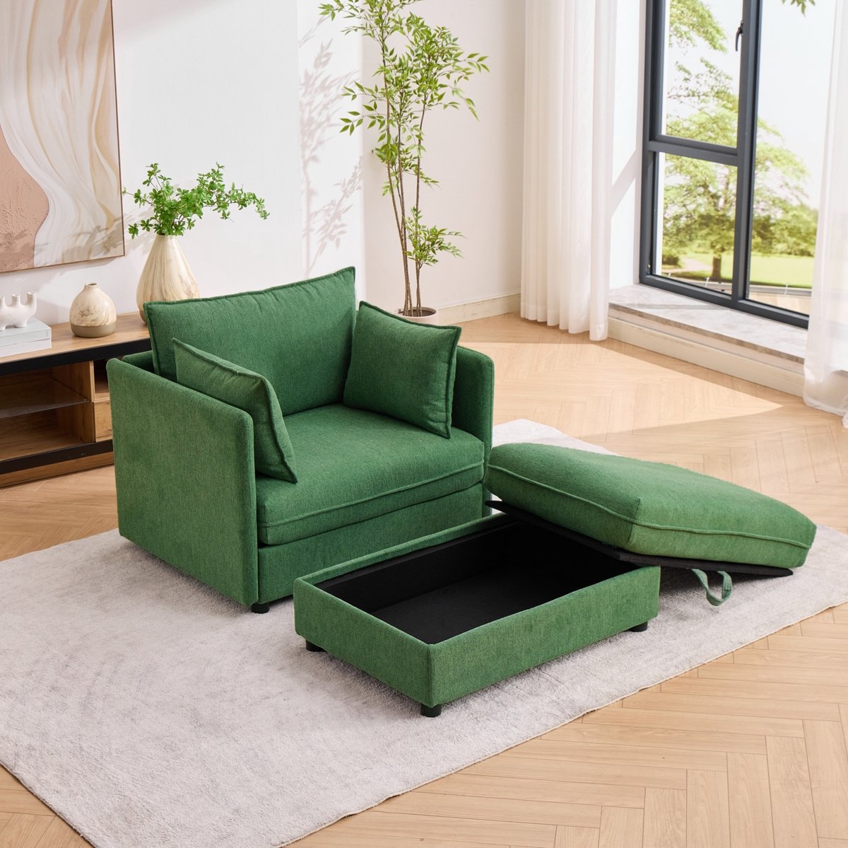 REDOM - 1-zits fauteuil met opberghocker - Modulaire opstelling - Velvet bekleding - Houten frame - Groen - 149 x 103,5 x 81 cm