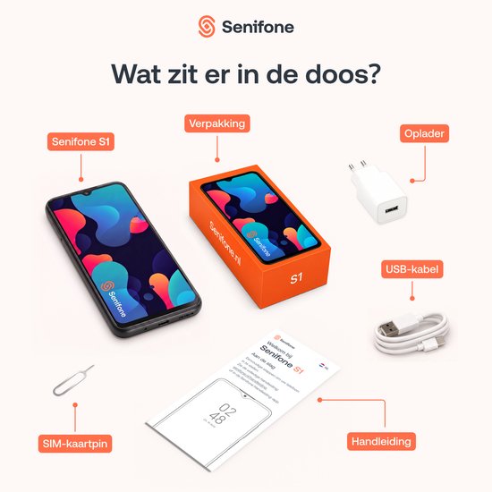 Senifone S1 smartphone met oranje doos, oplader, USB-kabel, SIM-kaartpin en handleiding.