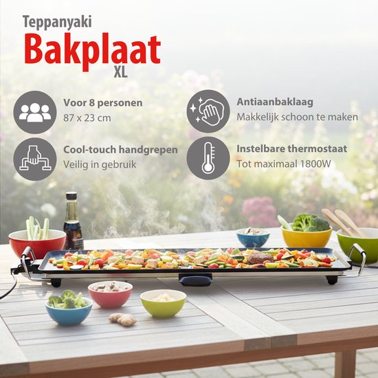 alpina Teppanyaki Bakplaat 1800W - Gourmet Grillplaat XL - Tafelgrill met Instelbare Thermostaat - Grill Plaat 87 x 23 cm - voor 8 tot 10 Personen - Anti-Aanbaklaag - RVS — afbeelding 2