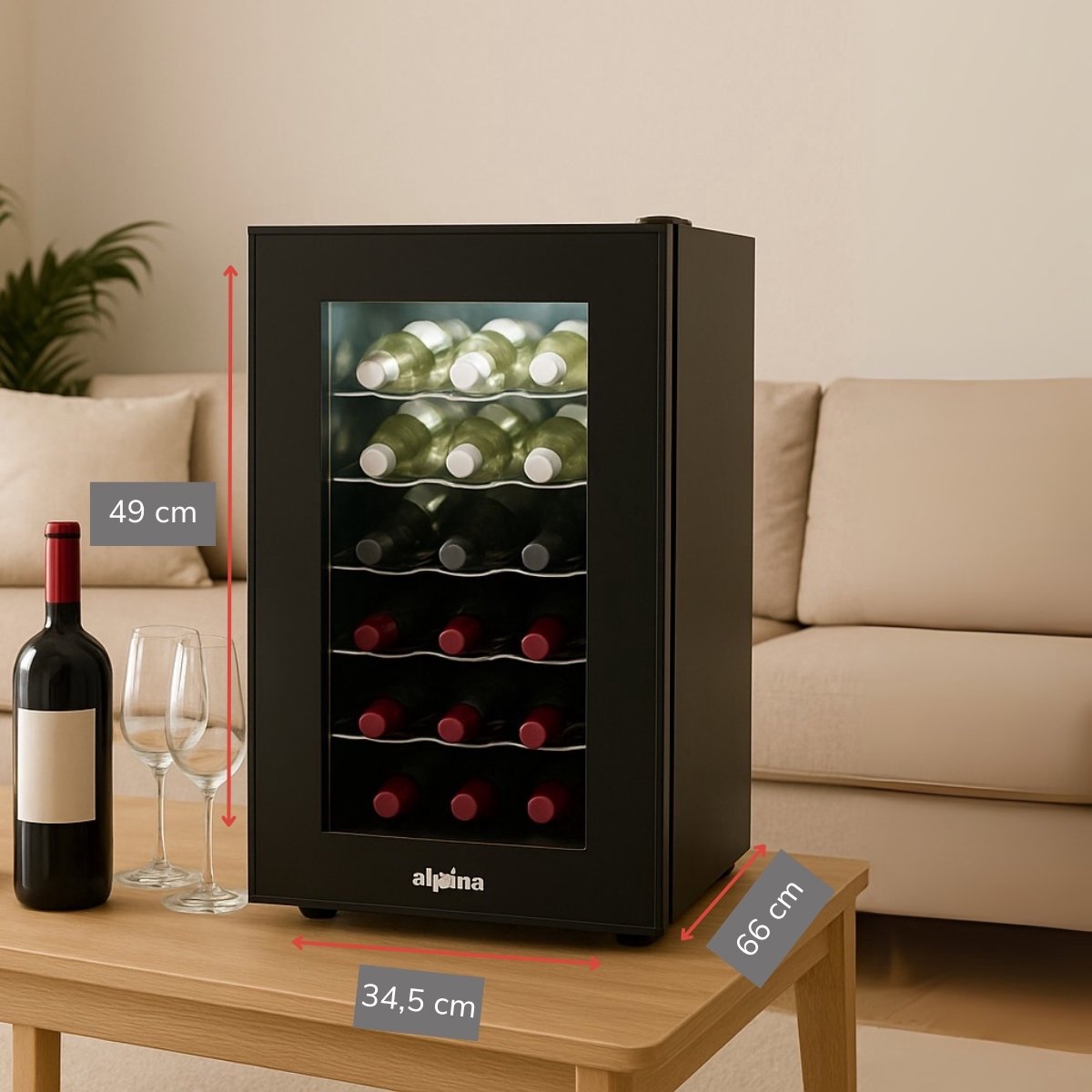 alpina Wijnkoelkast 50L – Wijnklimaatkast Vrijstaand voor 18 Flessen – Wijnkoeler zonder Compressor – Wijnkoelkast met Glazen Deur en LED Verlichting – 66 x 34,5 x 49cm – Zwart – foto 4