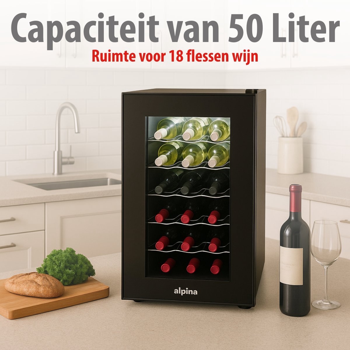 alpina Wijnkoelkast 50L – Wijnklimaatkast Vrijstaand voor 18 Flessen – Wijnkoeler zonder Compressor – Wijnkoelkast met Glazen Deur en LED Verlichting – 66 x 34,5 x 49cm – Zwart – foto 7