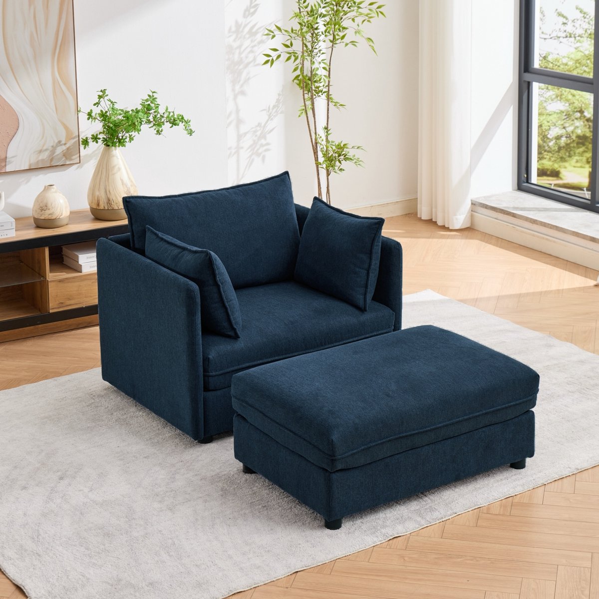 REDOM - Fauteuil - Eenpersoons - Hocker met opbergruimte - Modulaire opstelling - Velvet bekleding - Woonkamer - Blauw - 149 x 103,5 x 81 cm
