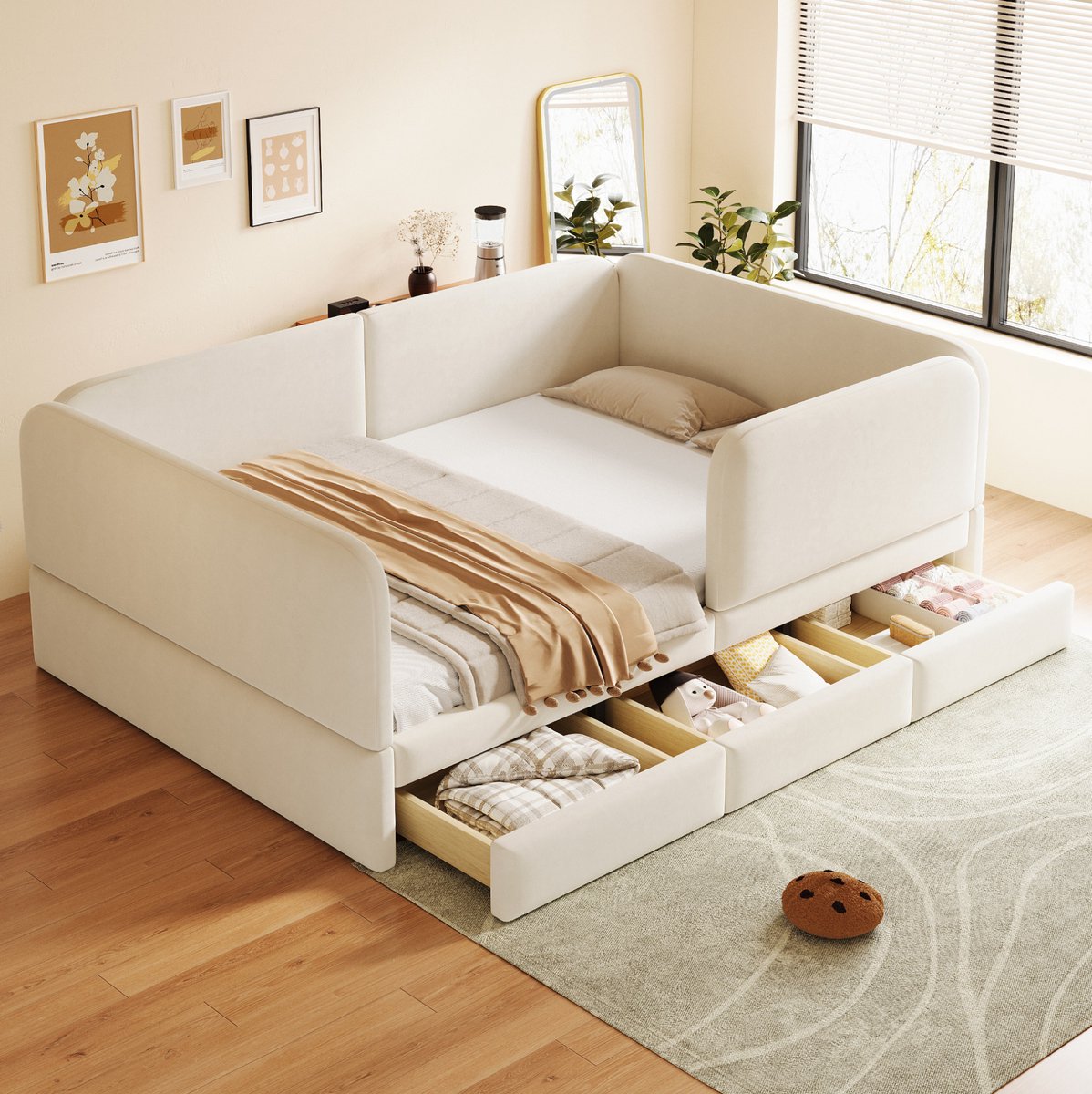 REDOM - Kinderbed - Veiligheidsomranding rondom - 3 opberglades - Afgeronde hoeken - Fluwelen bekleding - Beige - 140 x 200 cm