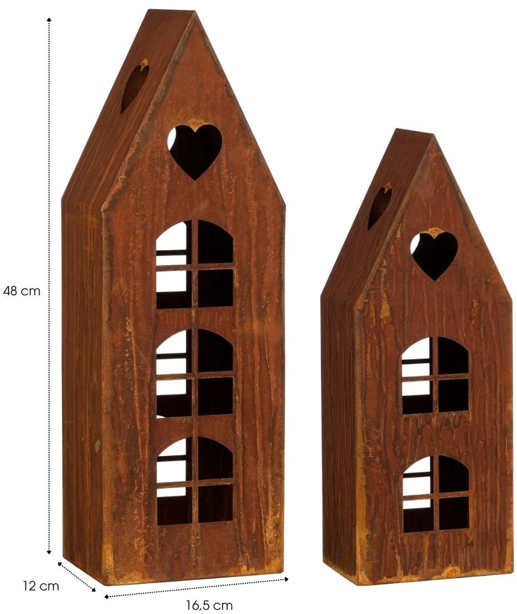 Mica Decorations Lantaarn Huis Roest Set van 2 - Decoratieve Lantaarns in Huisvorm - Sfeervolle Verlichting voor Kaars of LED - Gemaakt van Ijzer - L16,5 x B12 x H48 cm - Roestbruin — cadeau in Wonen & Interieur - foto 3