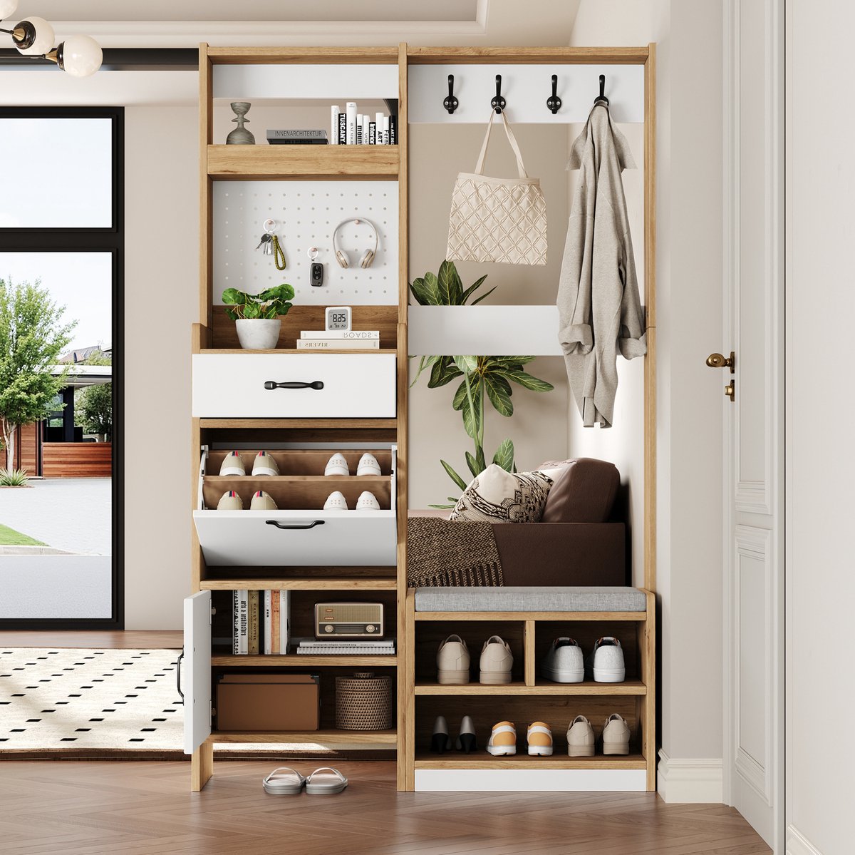 DESMIU Schoenenkast - Met Zitbank, Haken En Klapvak - Voor Hal En Entree - Spaanplaat - 108,5 x 35 x 180 cm - Wit En Eikenkleur
