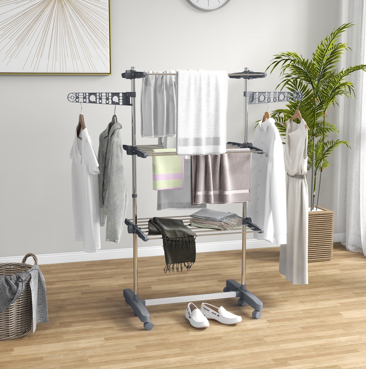 Droogtoren – 3 Niveaus, 142 x 55 x 152 Cm – Staal – Grijs – Inklapbaar Met 6 Wielen Voor Binnen