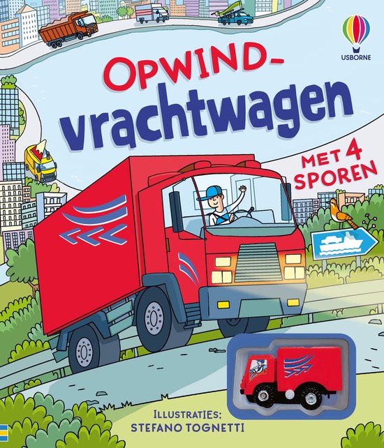 Boekomslag: rode opwindvrachtwagen met blauwe strepen en een chauffeur, "OPWIND-vrachtwagen MET 4 SPOREN" geschreven.