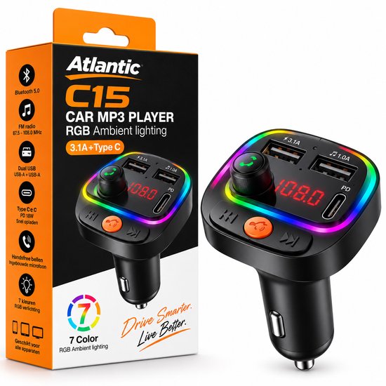 Zwarte Atlantic C15 auto MP3-speler verpakt in een doos, met RGB sfeerverlichting en twee USB-poorten.