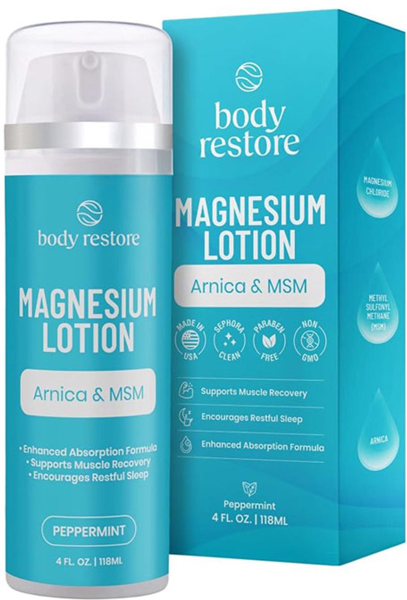 Body Restore Magnesium Crème Pepermunt 118 ml - Magnesiumchloride Body Lotion - Met Menthol, Aloë Vera & Pepermuntolie - Verkoelende Lichaamscrème