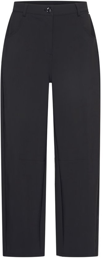 Zwarte MI PIACE broek met wijde pijpen en steekzakken. Een knoop en ritssluiting zichtbaar aan de voorkant.