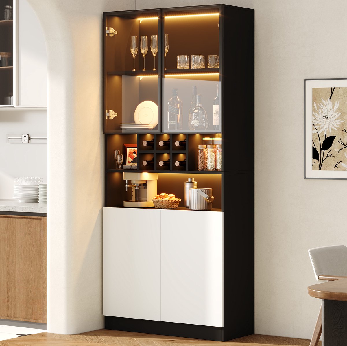 DESMIU Vitrinekast met Ledverlichting en Gehard Glas - Open Vakken en 2 Deuren - Voor Woonkamer, Eetkamer en Keuken - Hout - Zwart Wit - 80x30x180 Cm