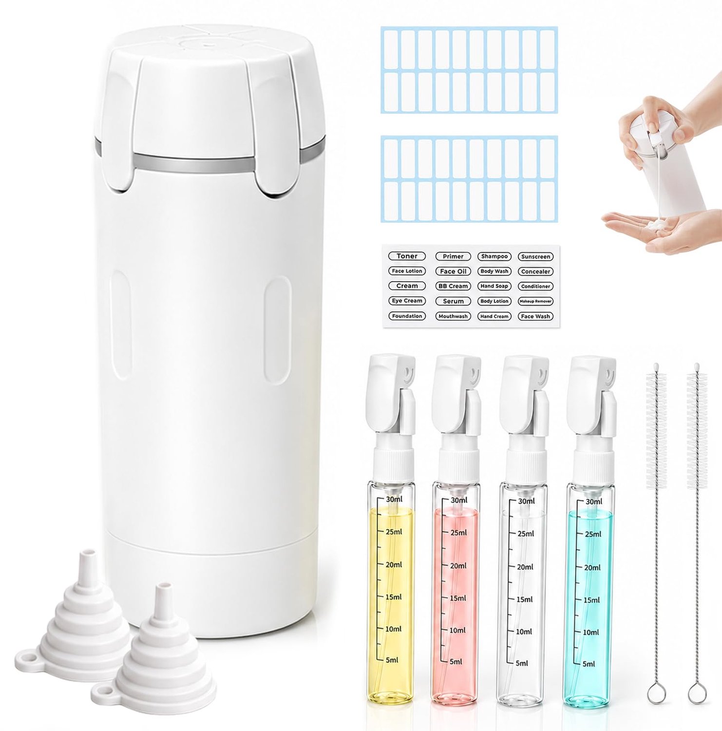 Reisdispenser fles 4 in 1 - Inclusief labels, trechter en reinigingsborstel - Ideaal voor onderweg - ShopVlot